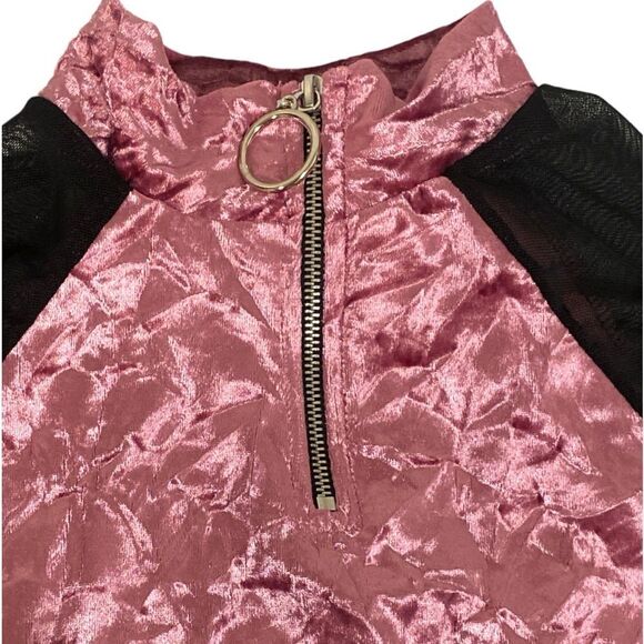 Dolls Kill Velvet and Mesh Crop Mock Neck Zip Up Top - Picture 3 of 7